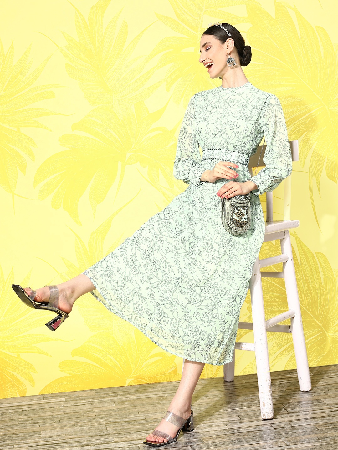 

Juniper Floral Print A-Line Midi Dress, Sea green