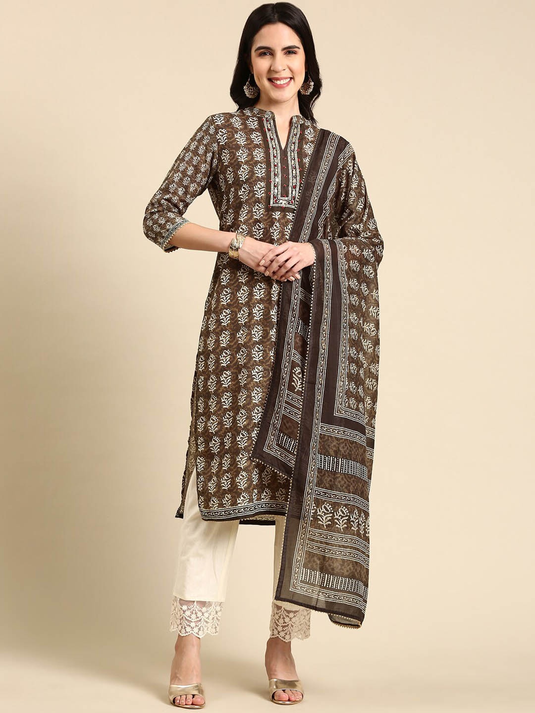 

SHOWOFF Ethnic Motifs Printed Thread Work Sequined Kurta with Trousers & Dupatta, Olive