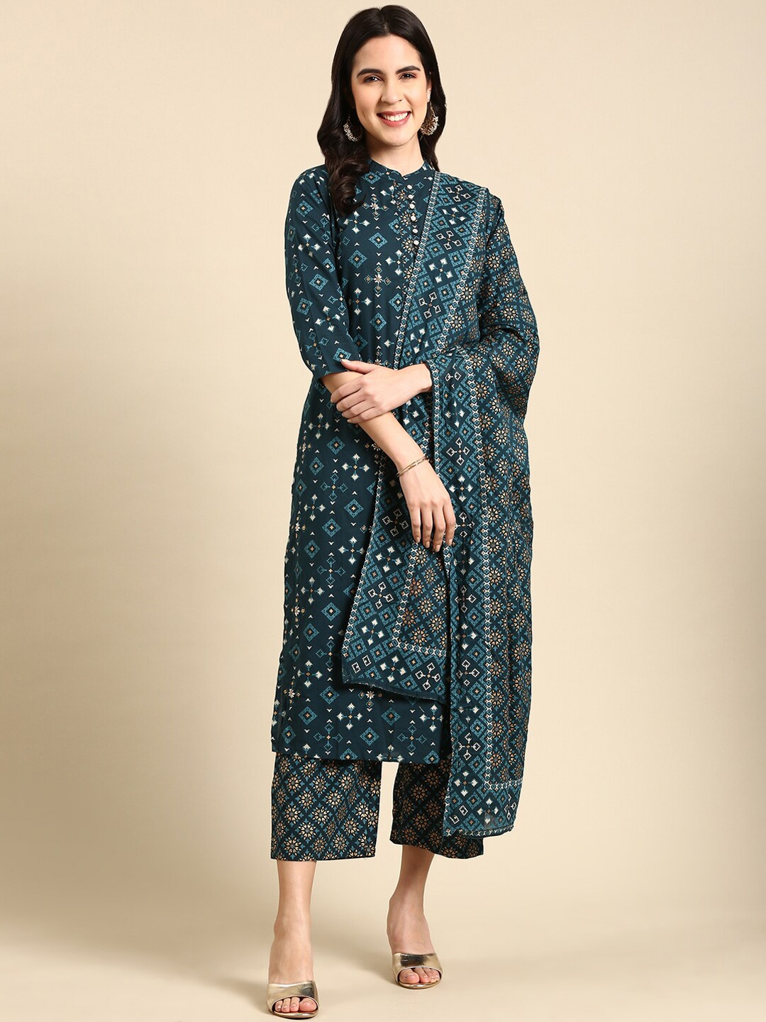 

SHOWOFF Ethnic Motifs Printed Beads Work Kurta with Trousers & Dupatta, Teal