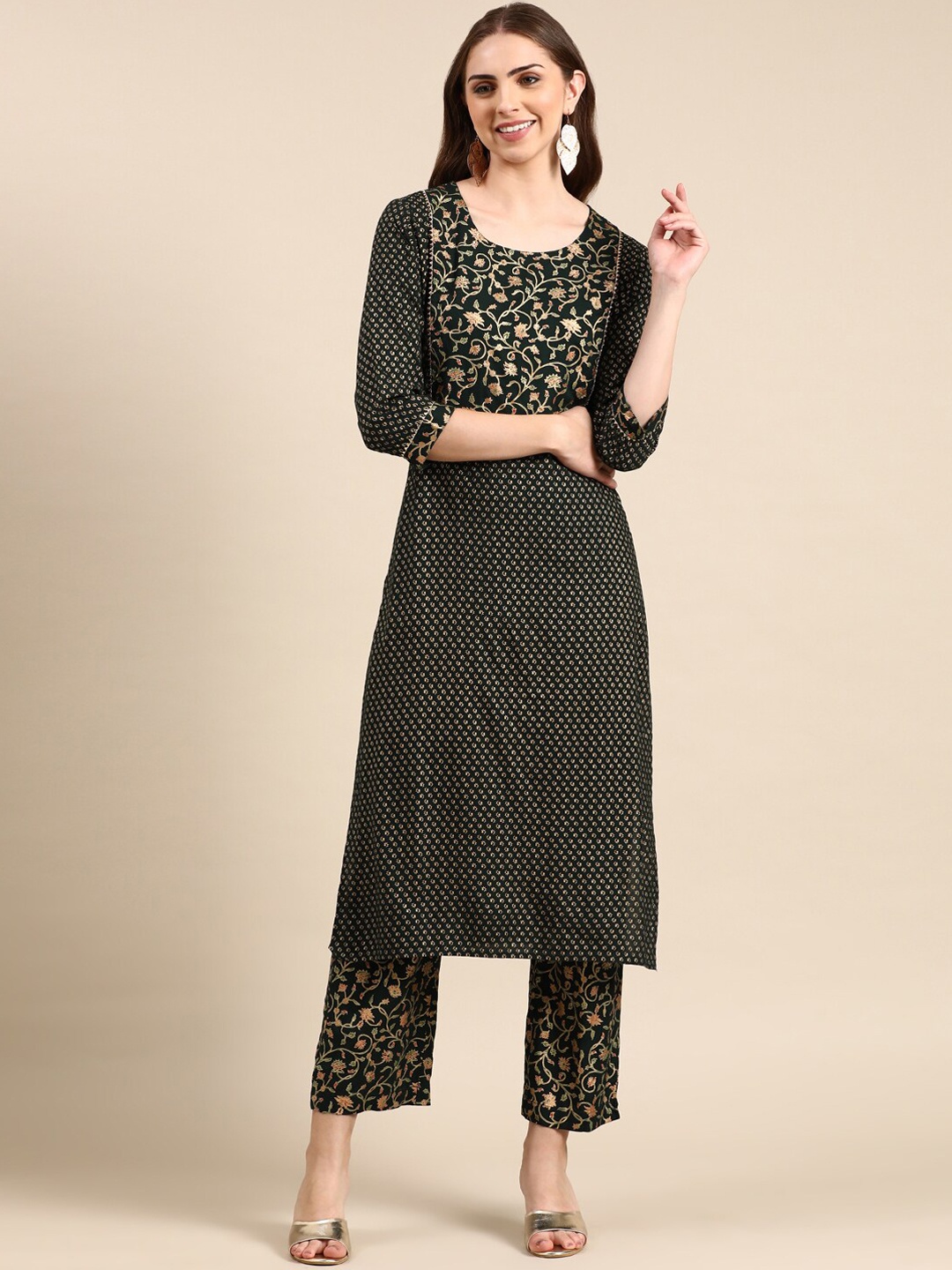 

SHOWOFF Ethnic Motifs Printed Regular Gotta Patti Kurta with Trousers, Green