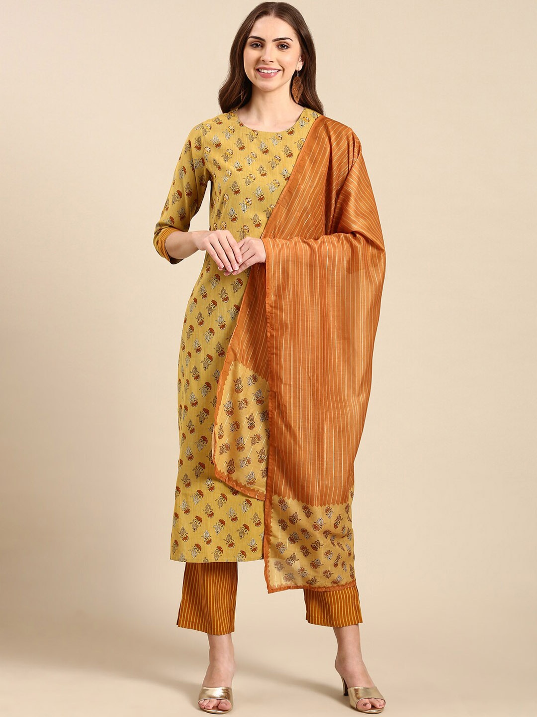 

SHOWOFF Floral Printed Straight Kurta with Trousers & Dupatta, Mustard