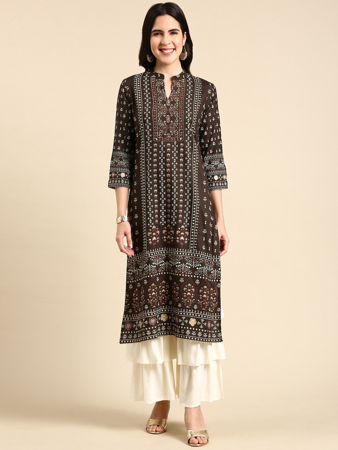 

SHOWOFF Ethnic Motifs Printed Regular Gotta Patti Kurta with Sharara, Olive