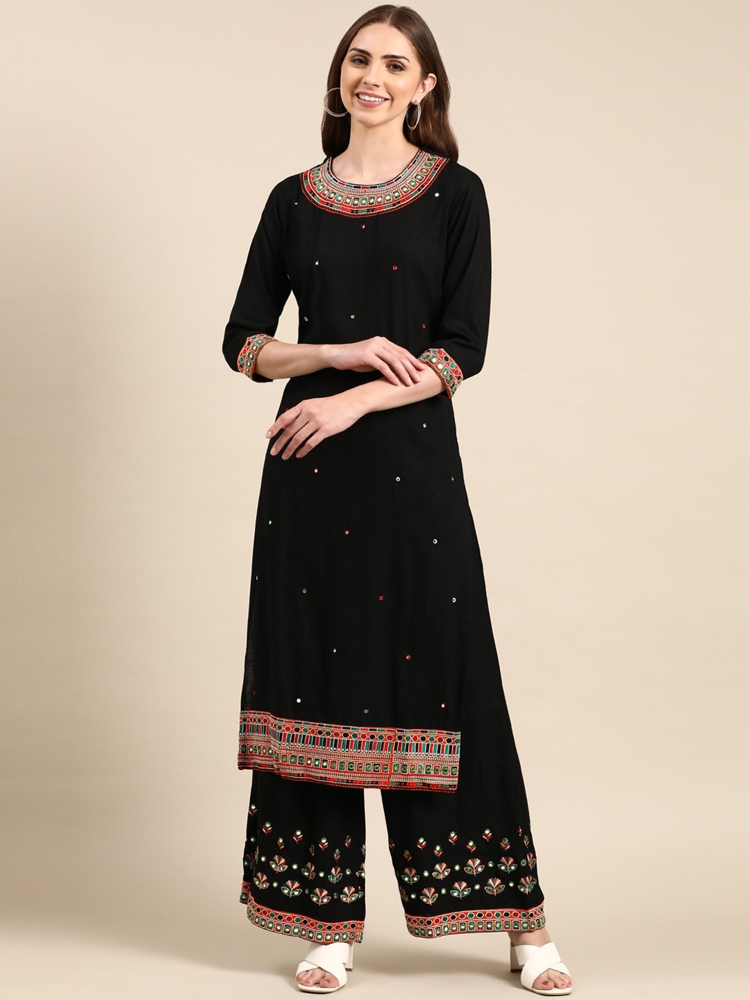 

SHOWOFF Ethnic Motifs Embroidered Mirror Work Kurta with Palazzos, Black