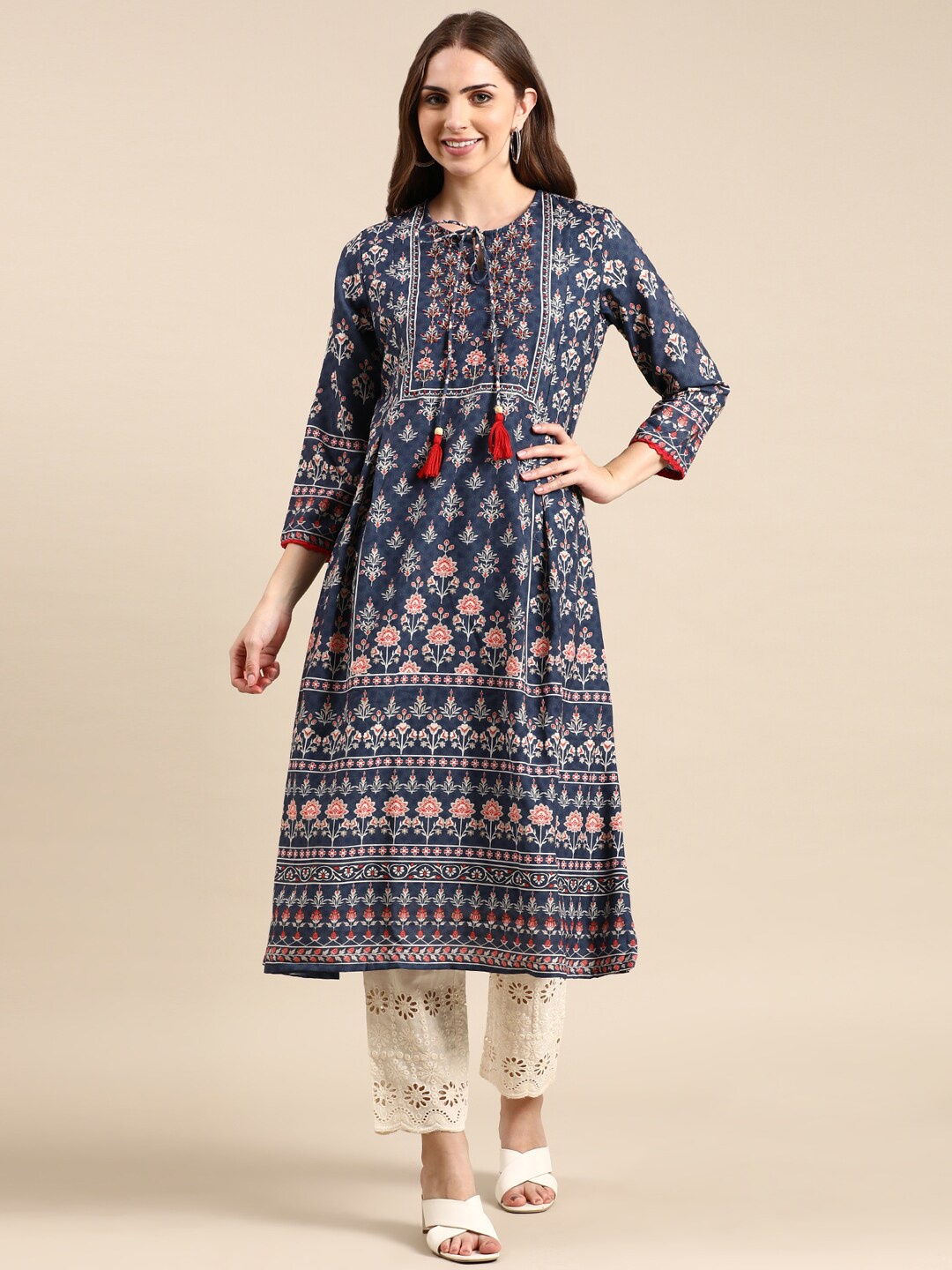 

SHOWOFF Floral Printed Anarkali Beads and Stones Kurta with Trousers, Navy blue
