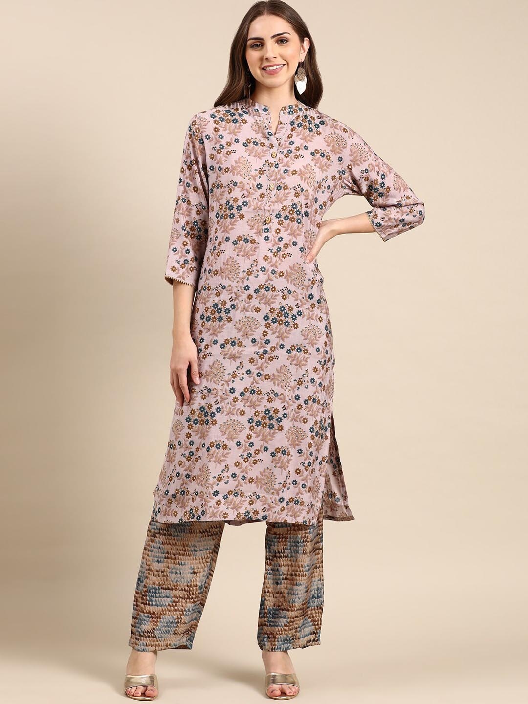 

SHOWOFF Mandarin Collar Floral Printed Kurta with Trousers, Pink
