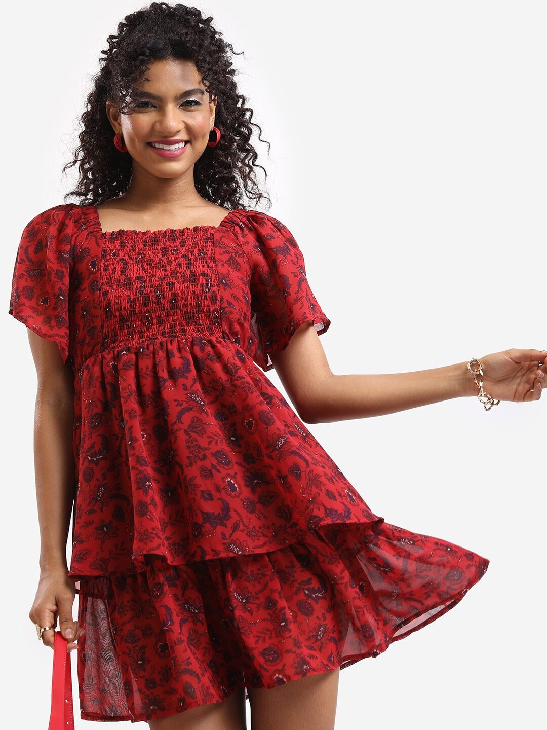 

Tokyo Talkies Square Neck Floral Printed Smocked Layered Fit And Flare Dress, Red