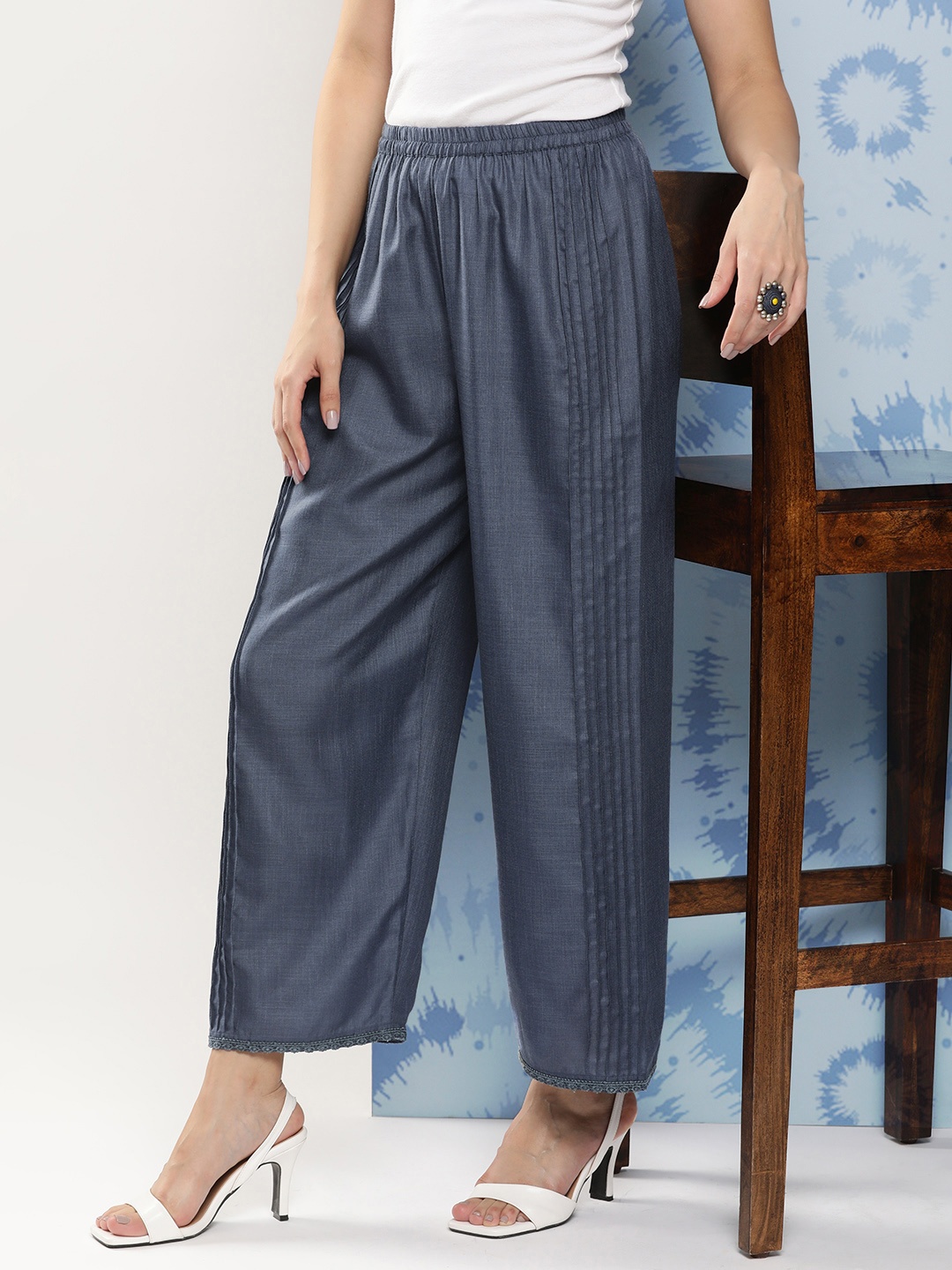 

Bhama Couture Women Self Design Loose Fit Pleated Trousers, Grey