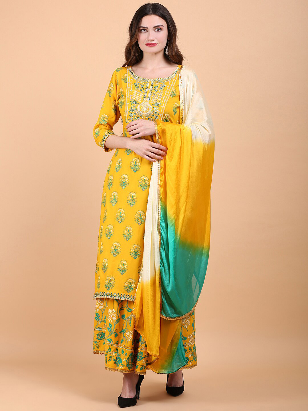 

TOULIN Floral Printed Thread Work Zari Kurta with Skirt & Dupatta, Mustard