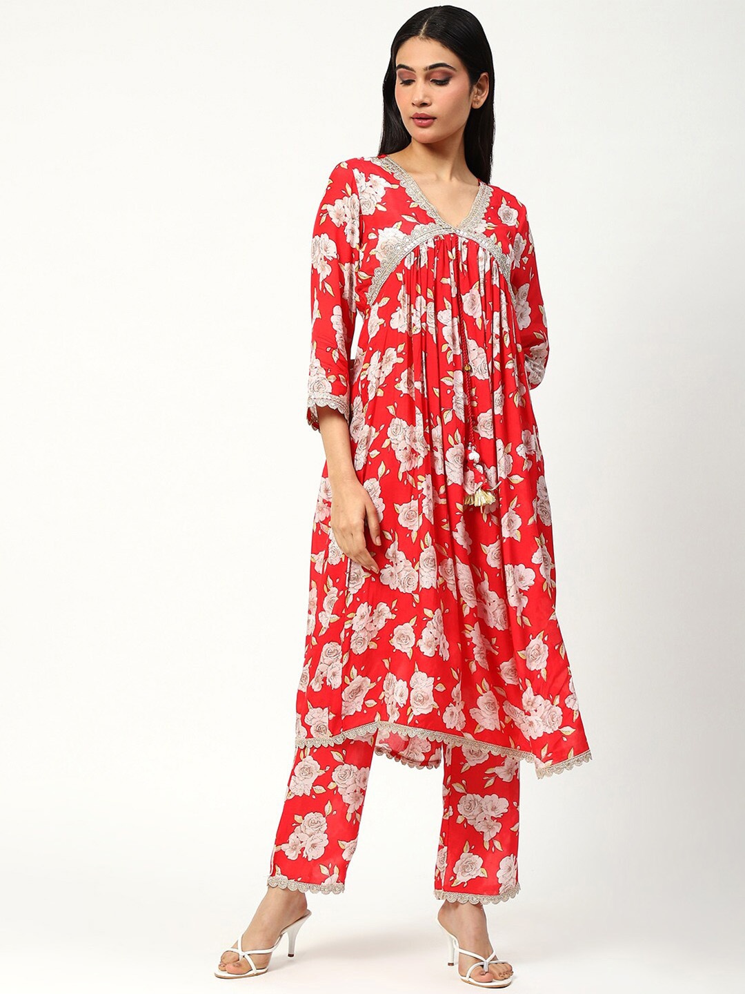 

NH KAPDEWALA Muslin Floral Printed Co-ord Set, Red