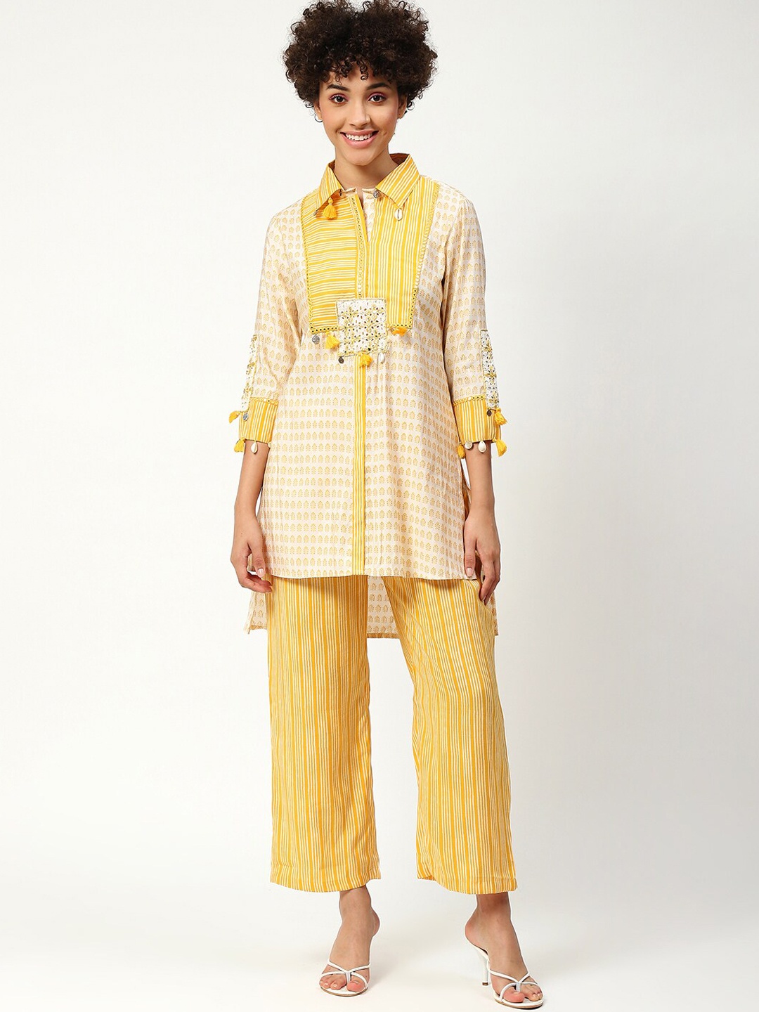 

NH KAPDEWALA Ethnic Motifs Printed Pure Cotton Tunic & Trousers, Yellow