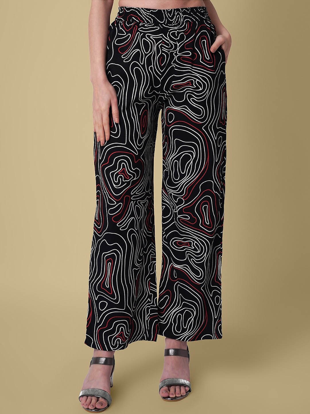 

DAEVISH Women Printed Relaxed Loose Fit Easy Wash Parallel Trousers, Black