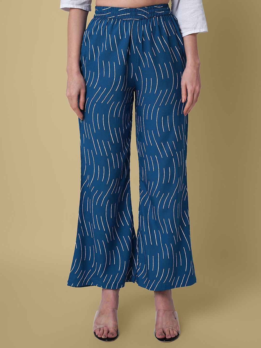 

DAEVISH Women Striped Relaxed Loose Fit Easy Wash Trousers, Blue