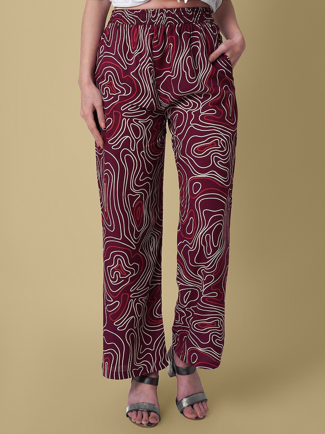 

DAEVISH Women Printed Relaxed Loose Fit Easy Wash Parallel Trousers, Maroon