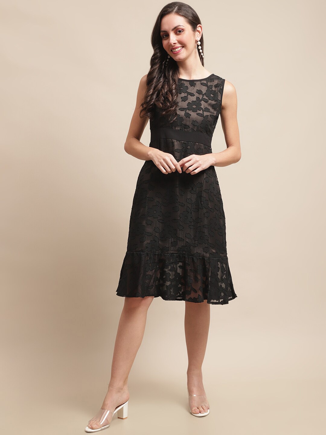 

Claura Self Design Georgette A-Line Dress, Black
