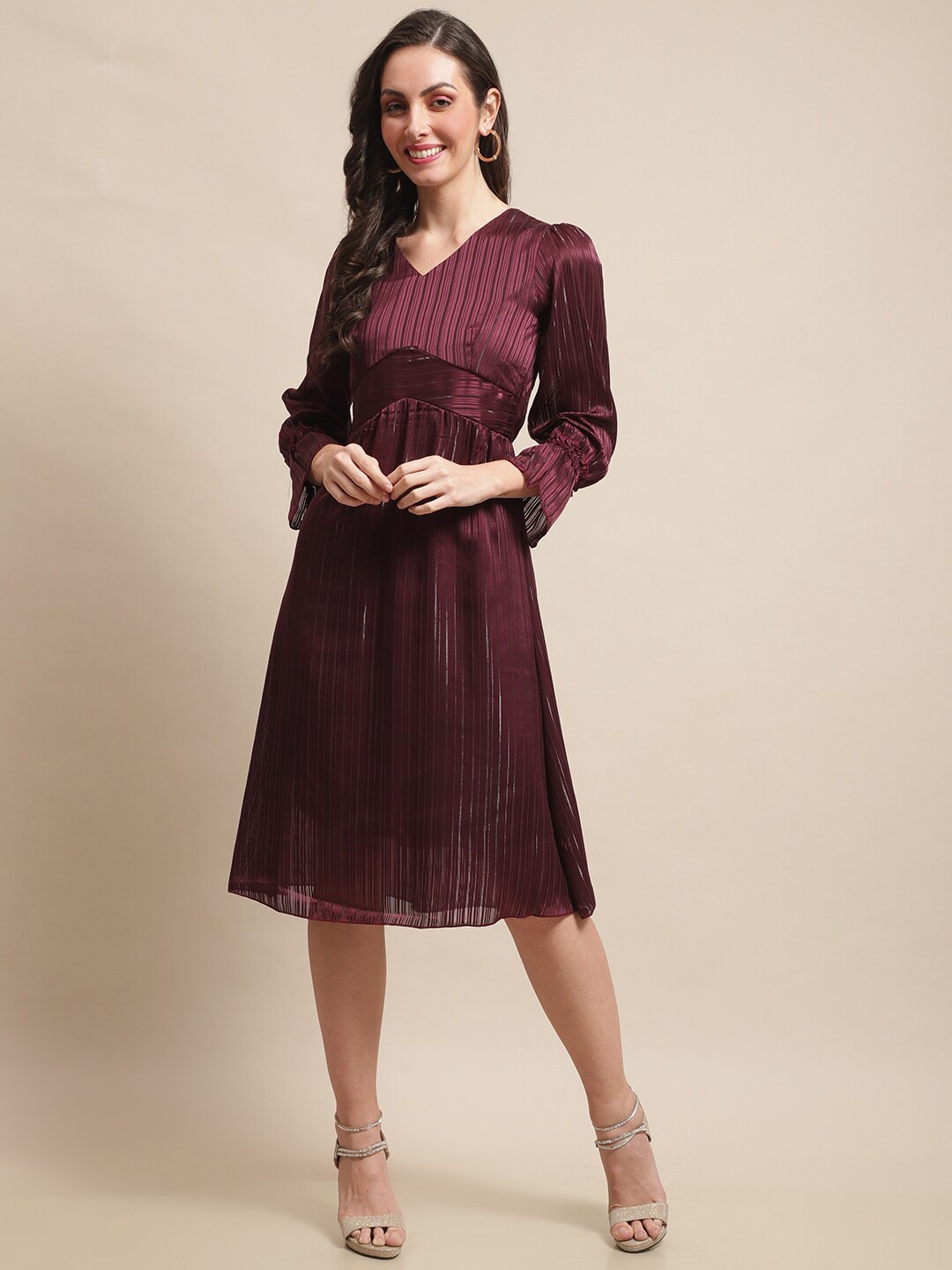 

Claura Self Design Georgette Fit & Flare Dress, Burgundy