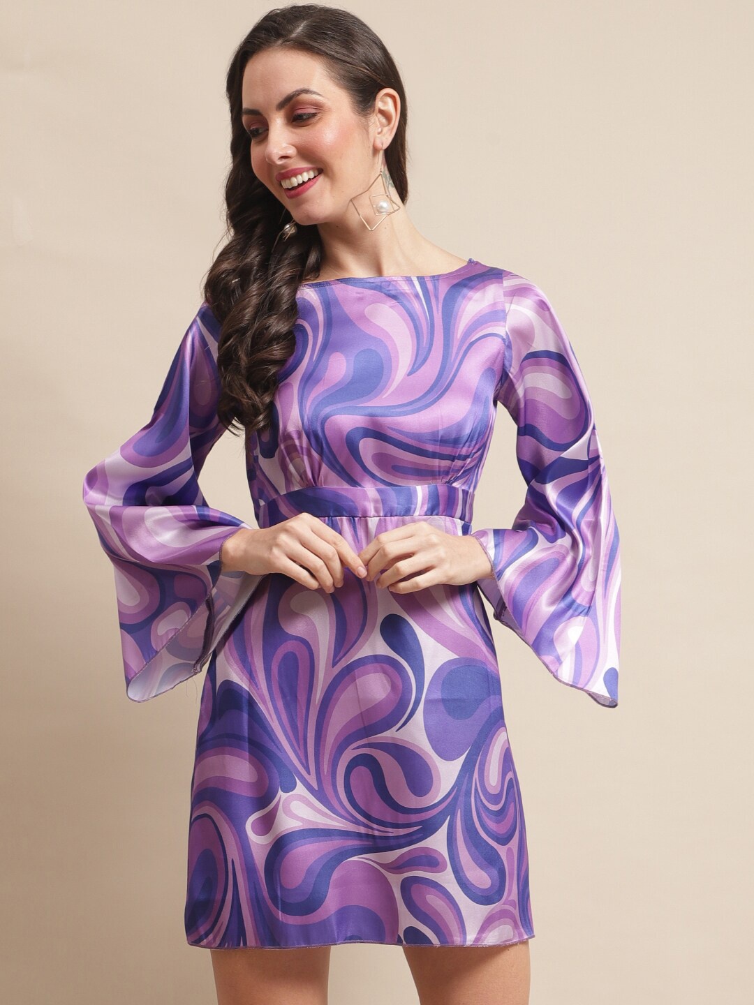 

Claura Printed Flared Sleeve Georgette A-Line Dress, Purple