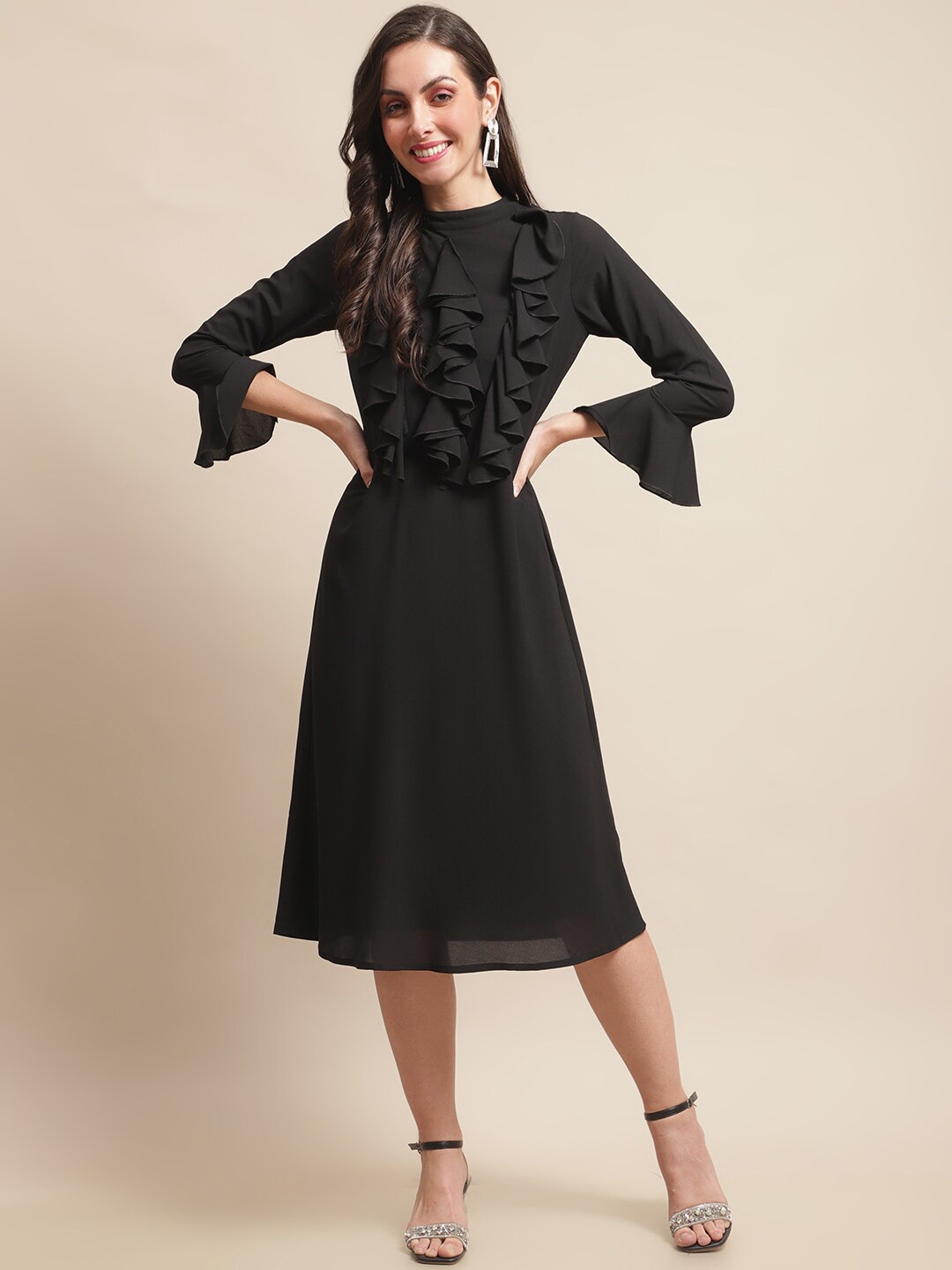 

Claura Bell Sleeve Georgette Fit & Flare Midi Dress, Black