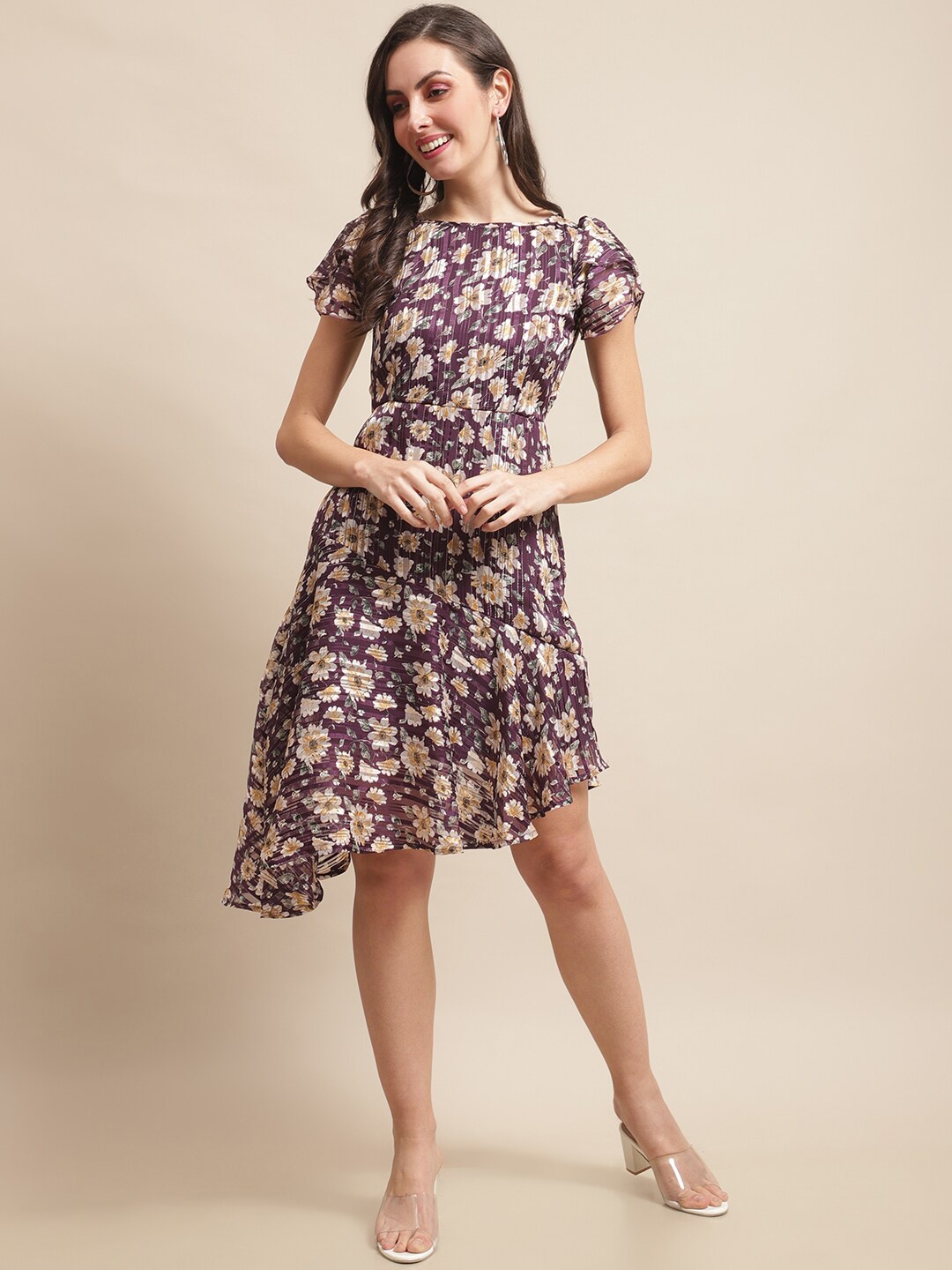 

Claura Floral Print Satin Fit & Flare Dress, Purple