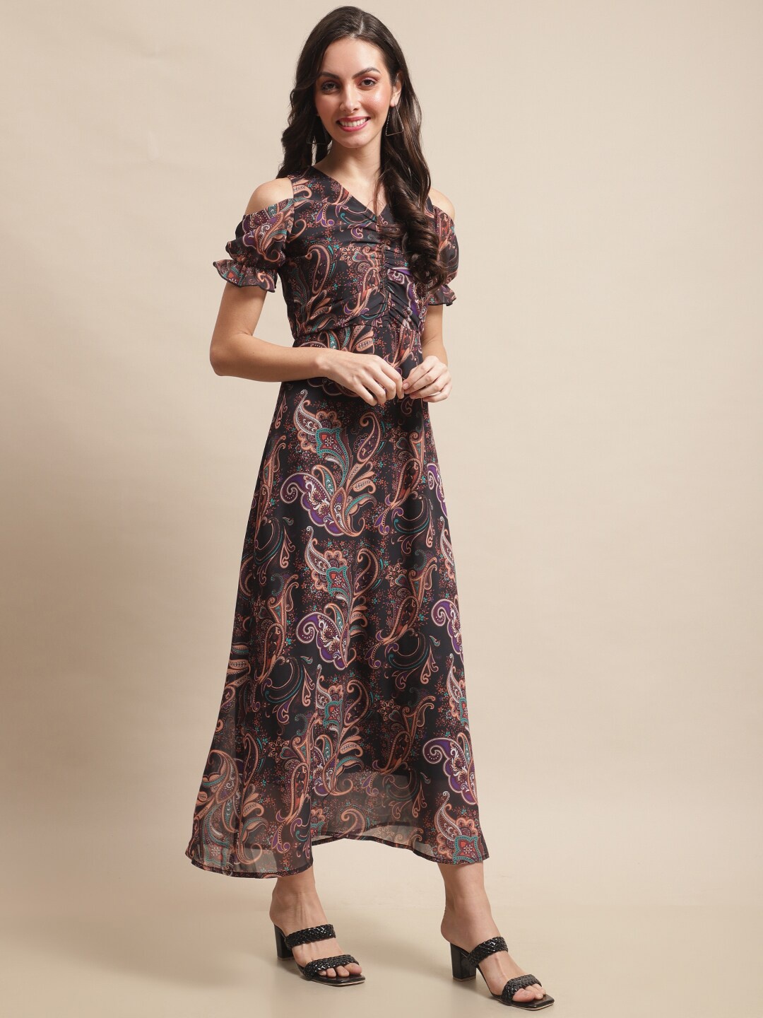 

Claura Ethnic Motifs Print Cold-Shoulder Georgette Maxi Dress, Black