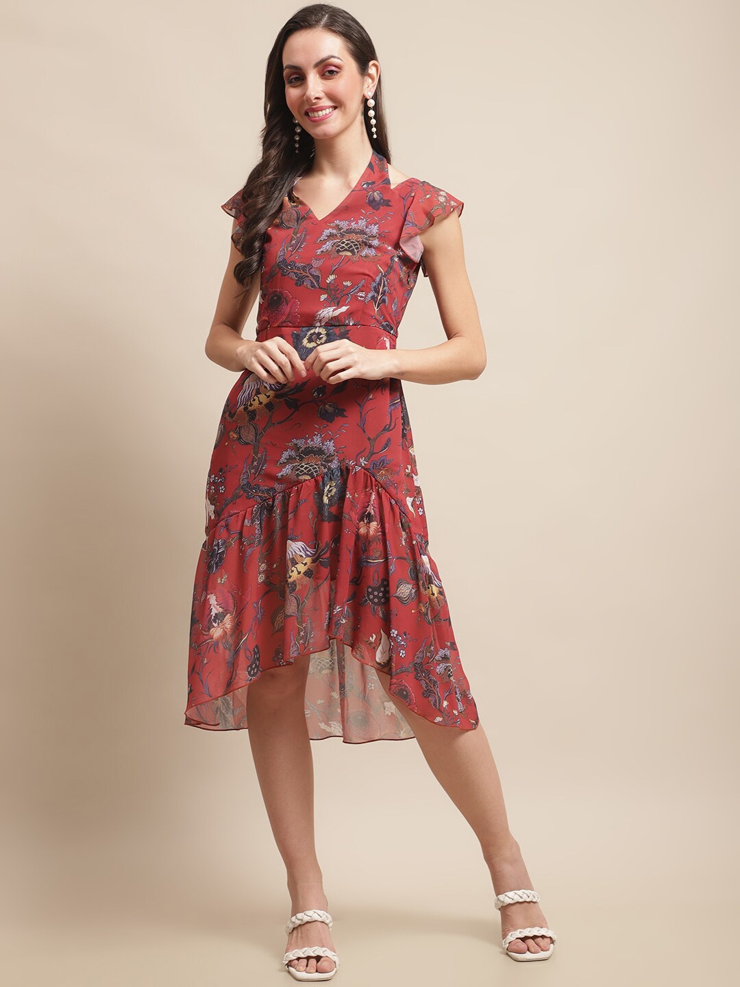 Claura Floral Print Flutter Sleeve Georgette Midi Dress, Maroon
