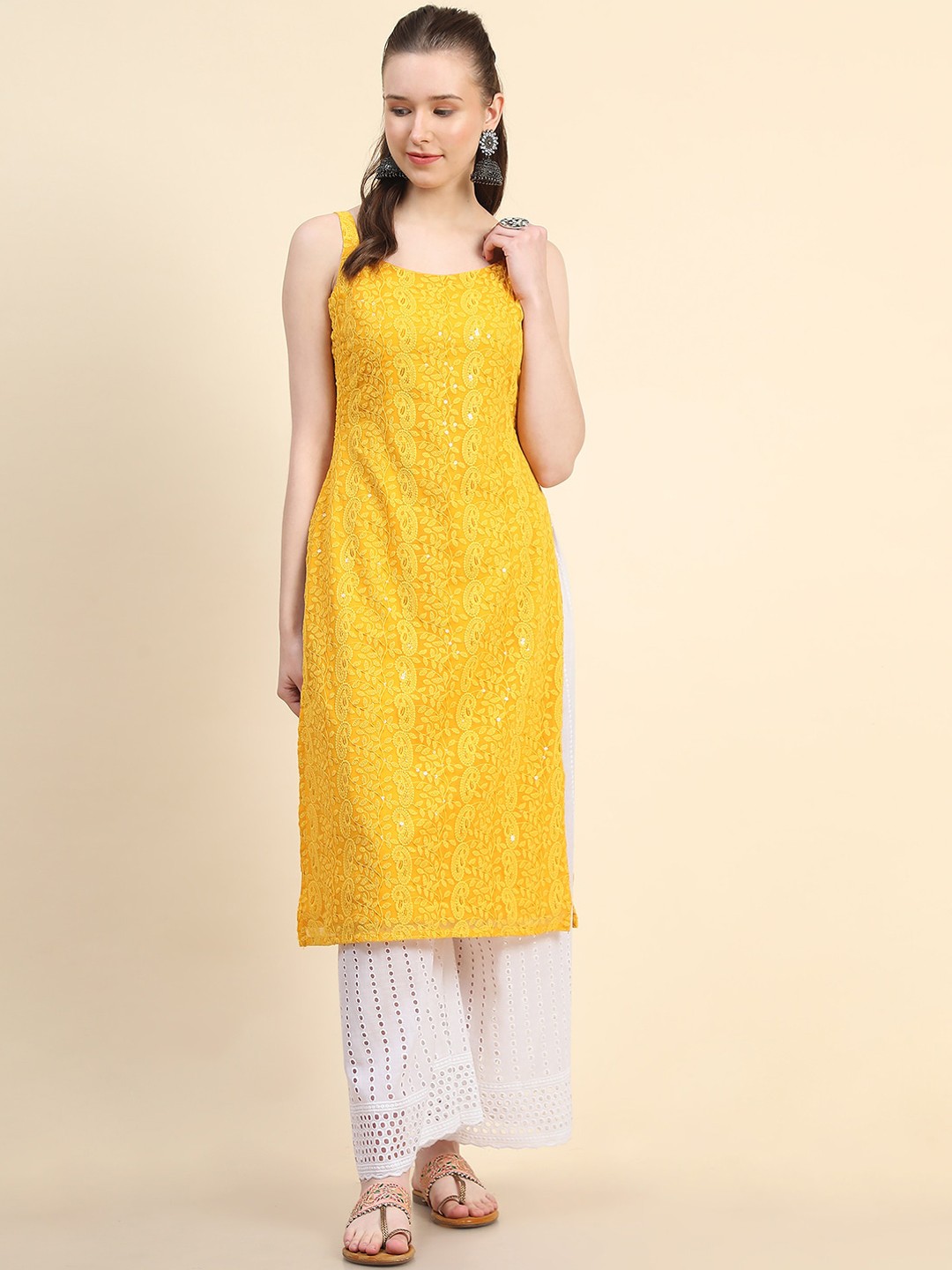 

KALINI Ethnic Motifs Embroidered Sequinned Kurta, Yellow