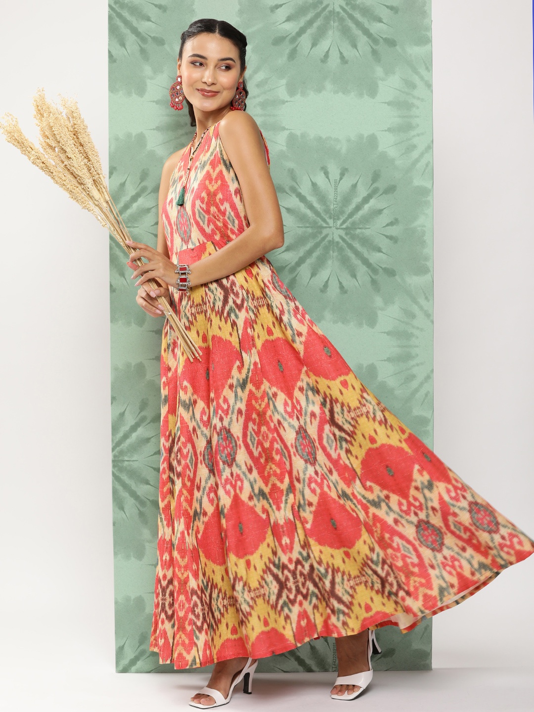 

Bhama Couture Abstract Print Fit & Flare Maxi Ethnic Dress, Red