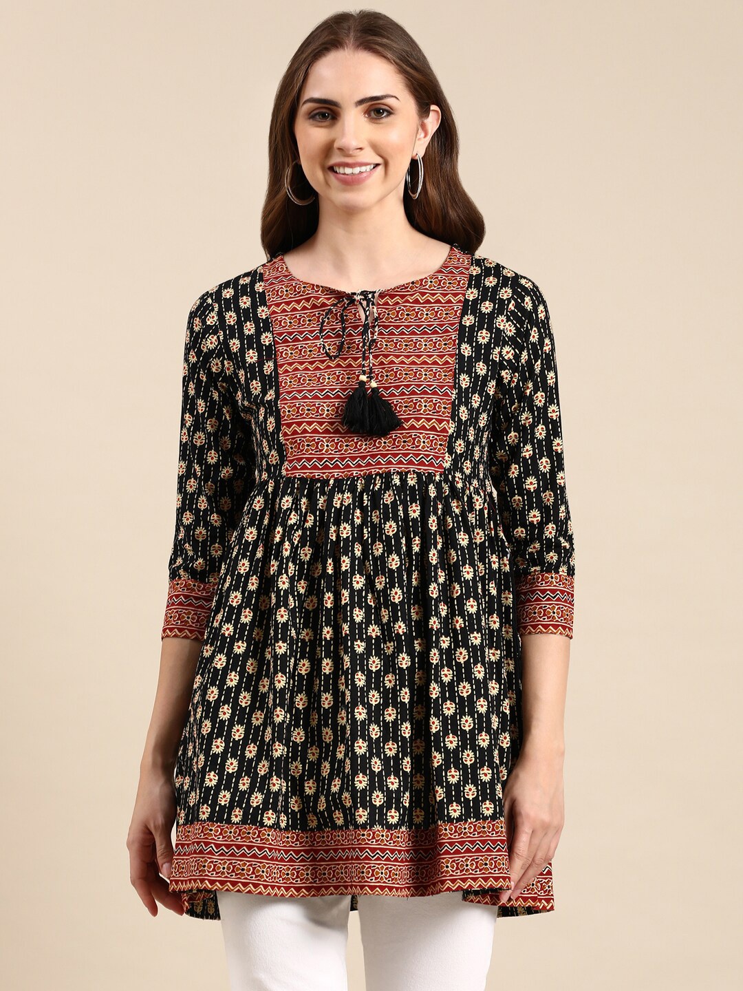 

SHOWOFF Ethnic Motifs Printed Tie Up Neck A-Line Kurti, Black