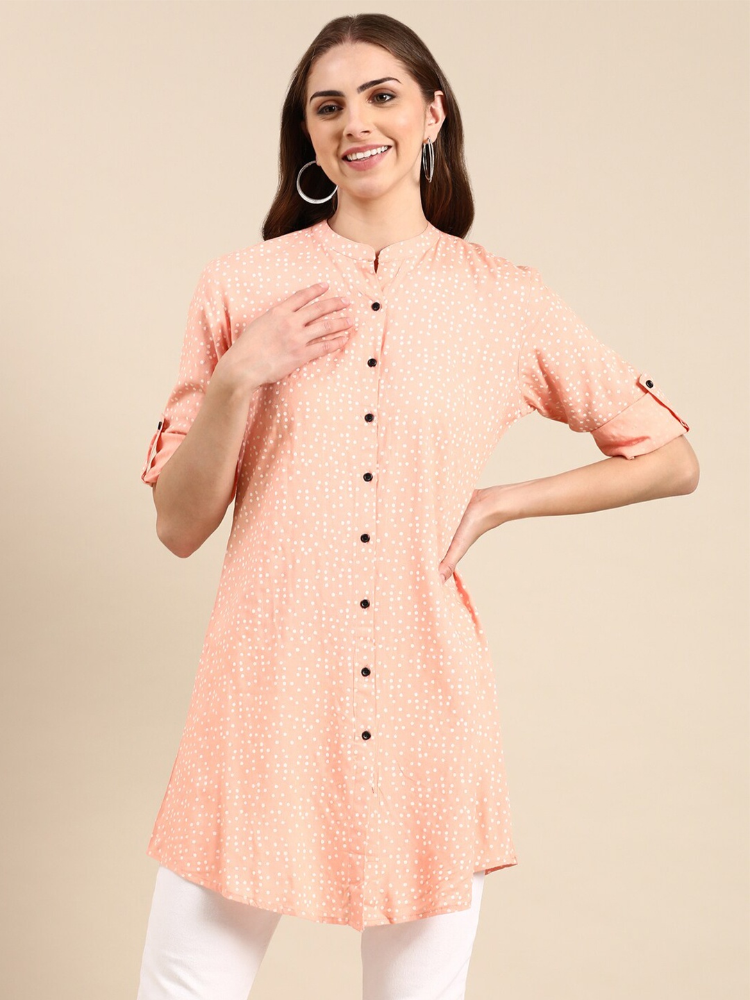 

SHOWOFF Polka Dot Printed Roll-Up Sleeves Mandarin Collar A-Line Kurti, Peach