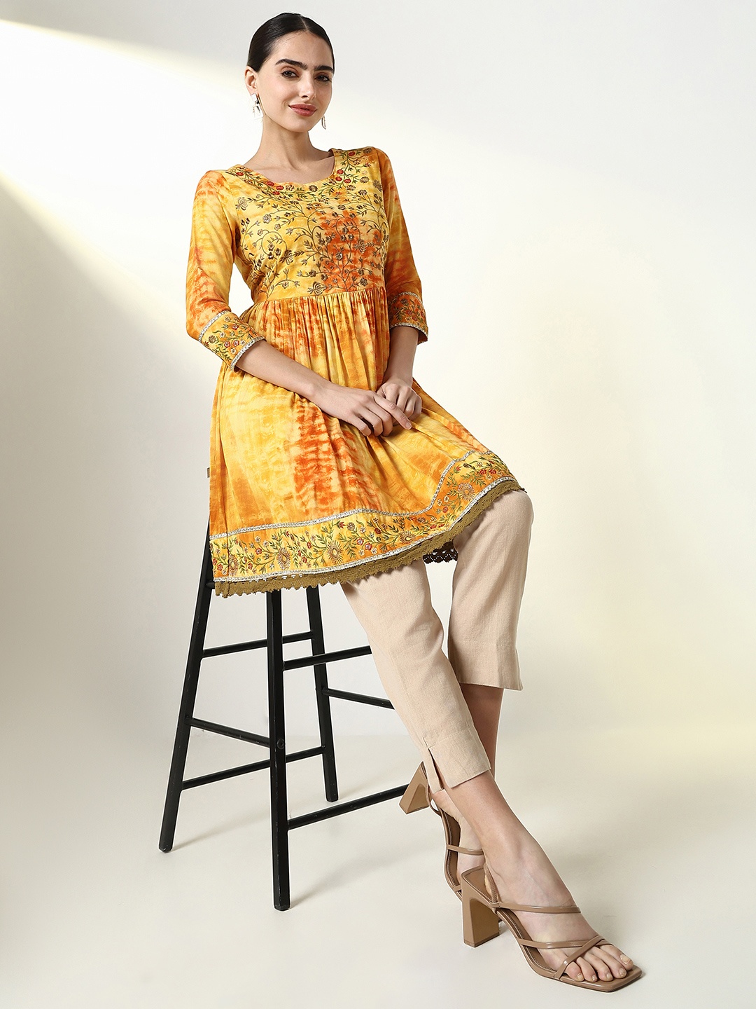 

SHOWOFF Ethnic Motifs Embellished Anarkali Kurti, Mustard