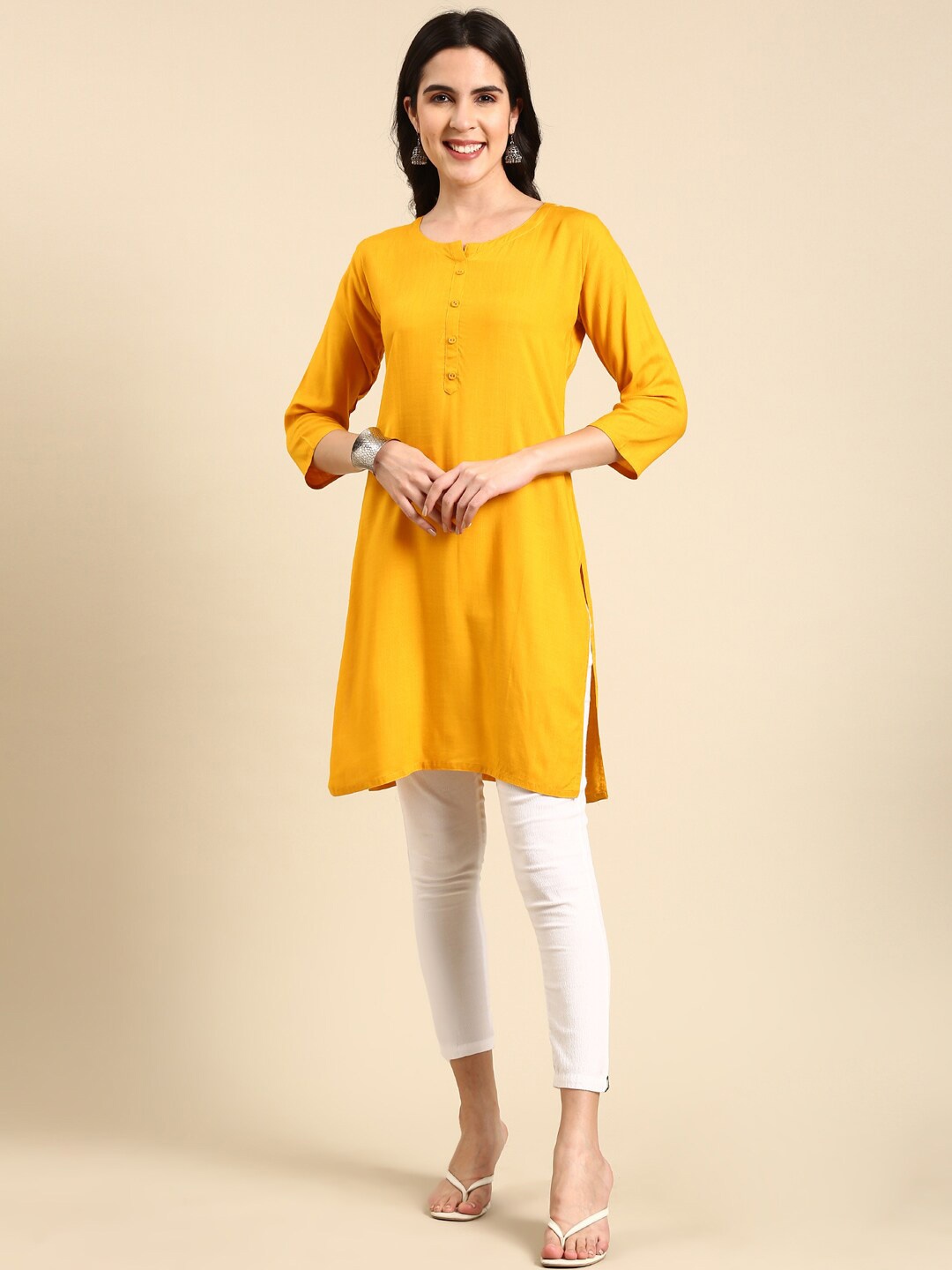 

SHOWOFF Round Neck Regular Sleeves Kurti, Yellow