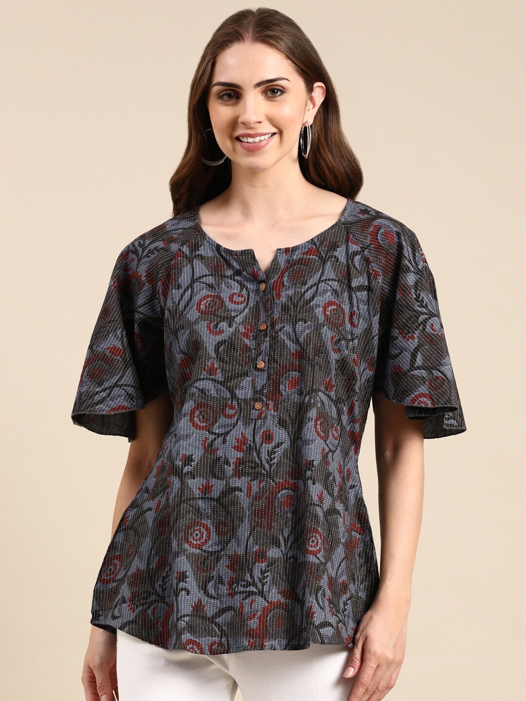 

SHOWOFF Floral Printed Round Neck Kurti, Grey