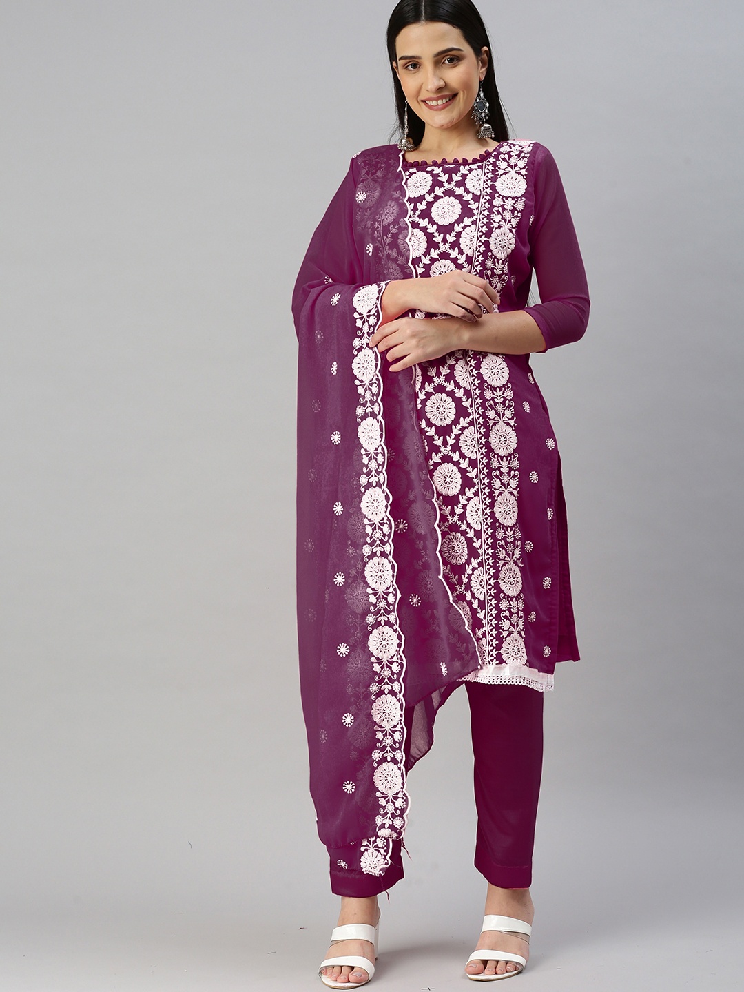 

KALINI Floral Embroidered Silk Georgette Unstitched Dress Material, Magenta