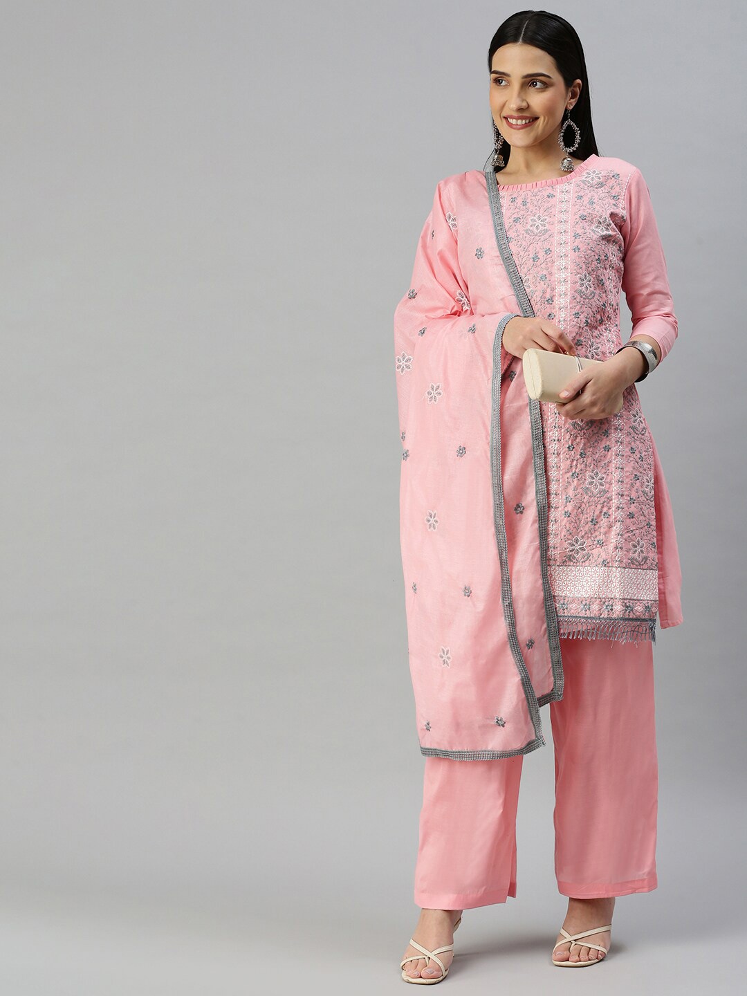 

KALINI Embroidered Pure Cotton Unstitched Dress Material, Pink