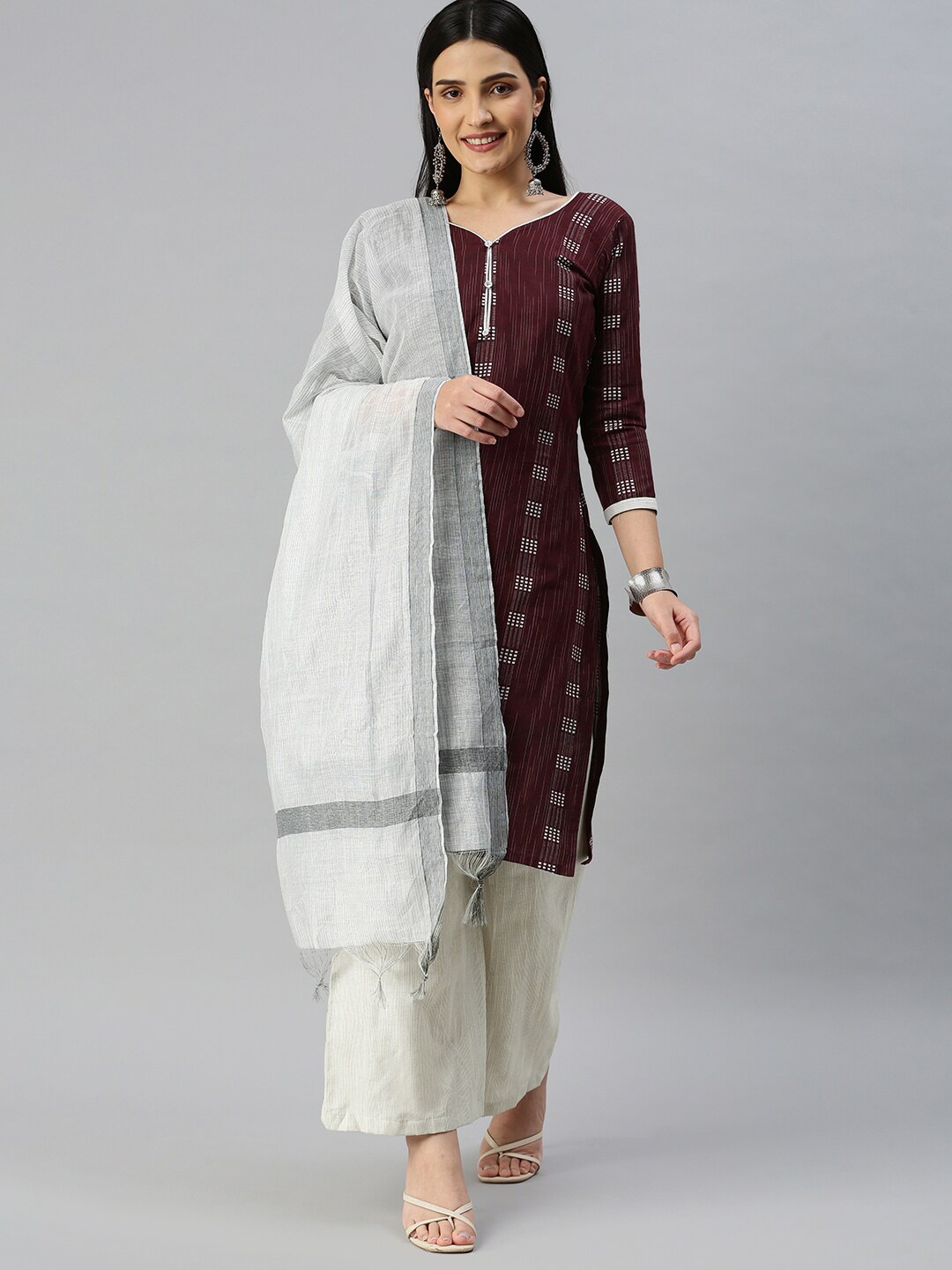 

KALINI Geometric Woven Design Unstitched Dress Material, Magenta