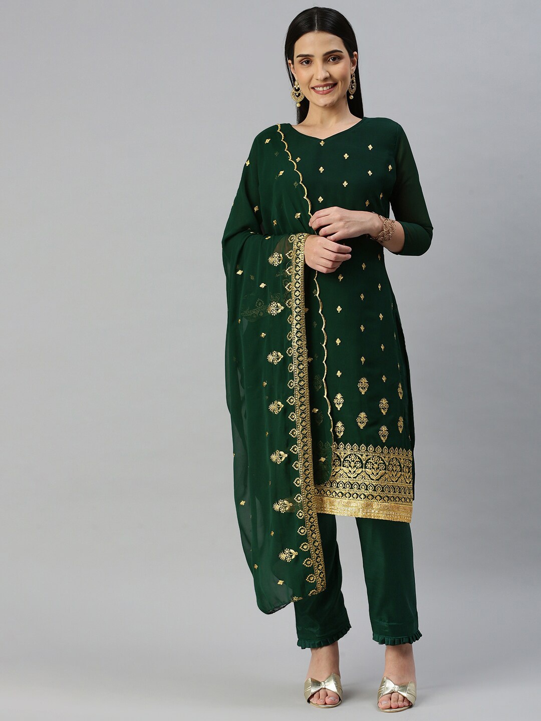 

KALINI Floral Embroidered Silk Zari Georgette Unstitched Dress Material, Green