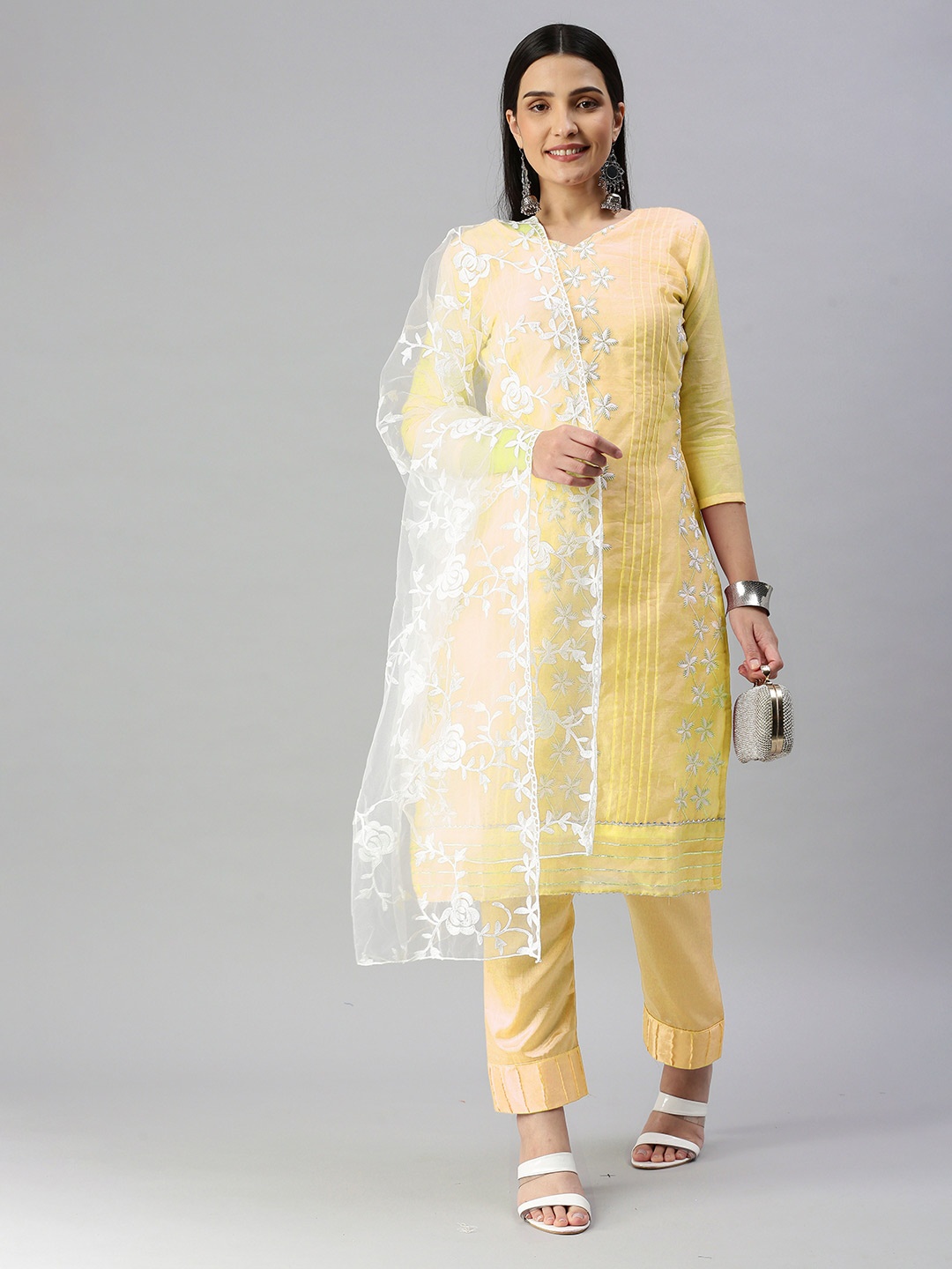 

KALINI Embroidered Unstitched Dress Material, Yellow