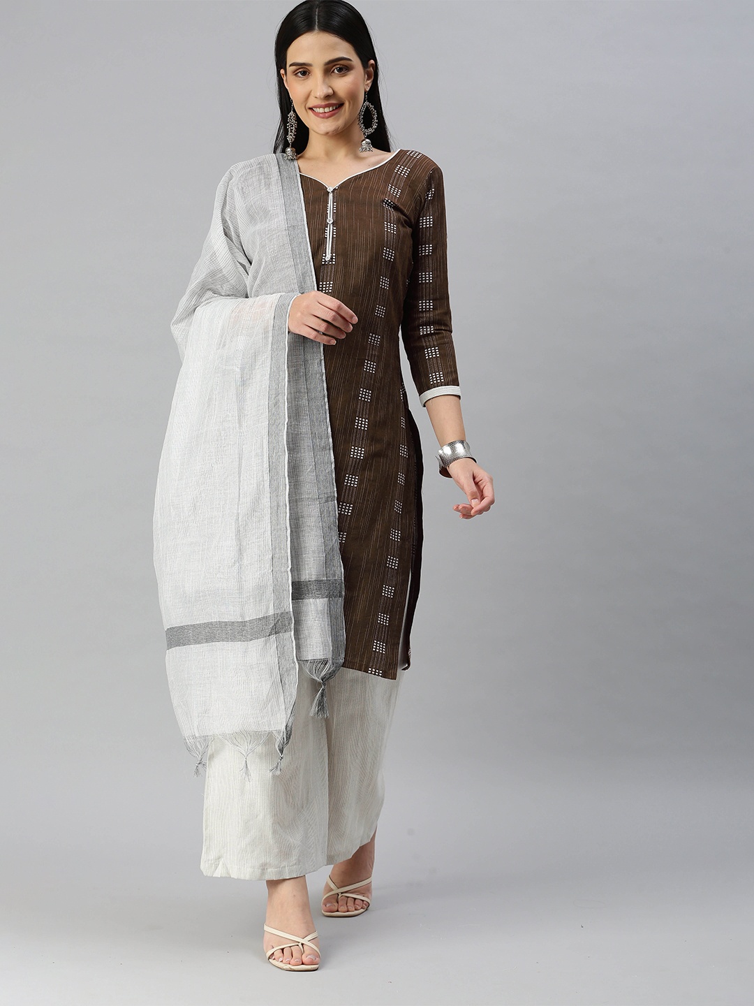 

KALINI Woven Design Unstitched Dress Material, Brown