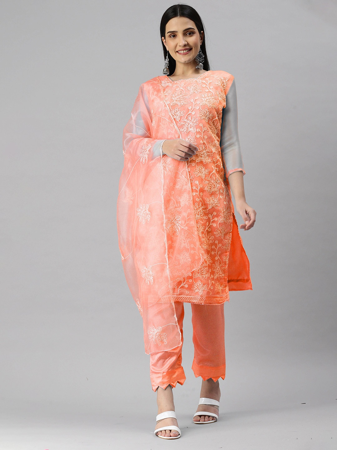 

KALINI Embroidered Organza Unstitched Dress Material, Orange