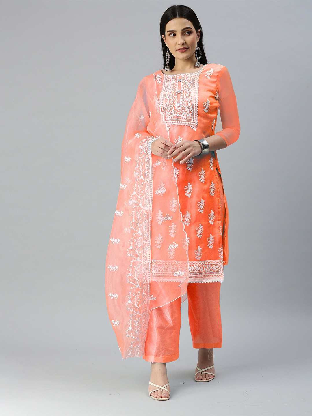 

KALINI Embroidered Organza Unstitched Dress Material, Orange