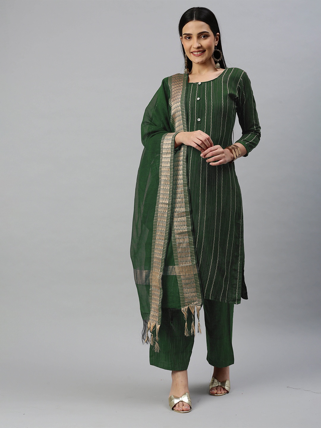 

KALINI Striped Woven Design Unstitched Dress Material, Green