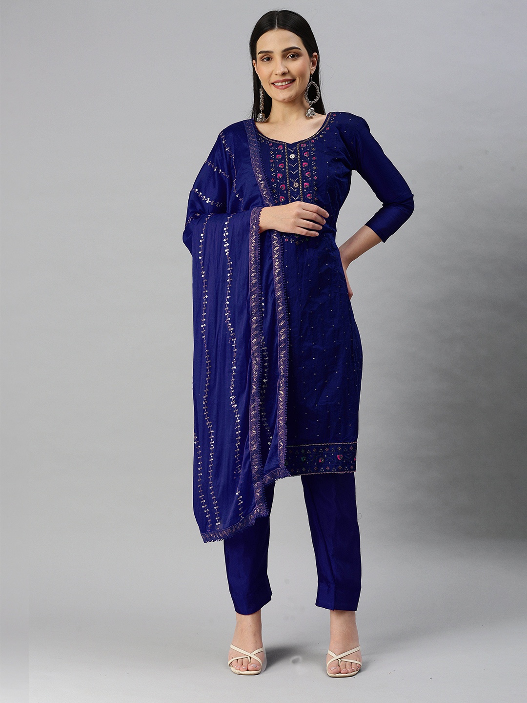 

KALINI Embroidered Sequinned Unstitched Dress Material, Blue
