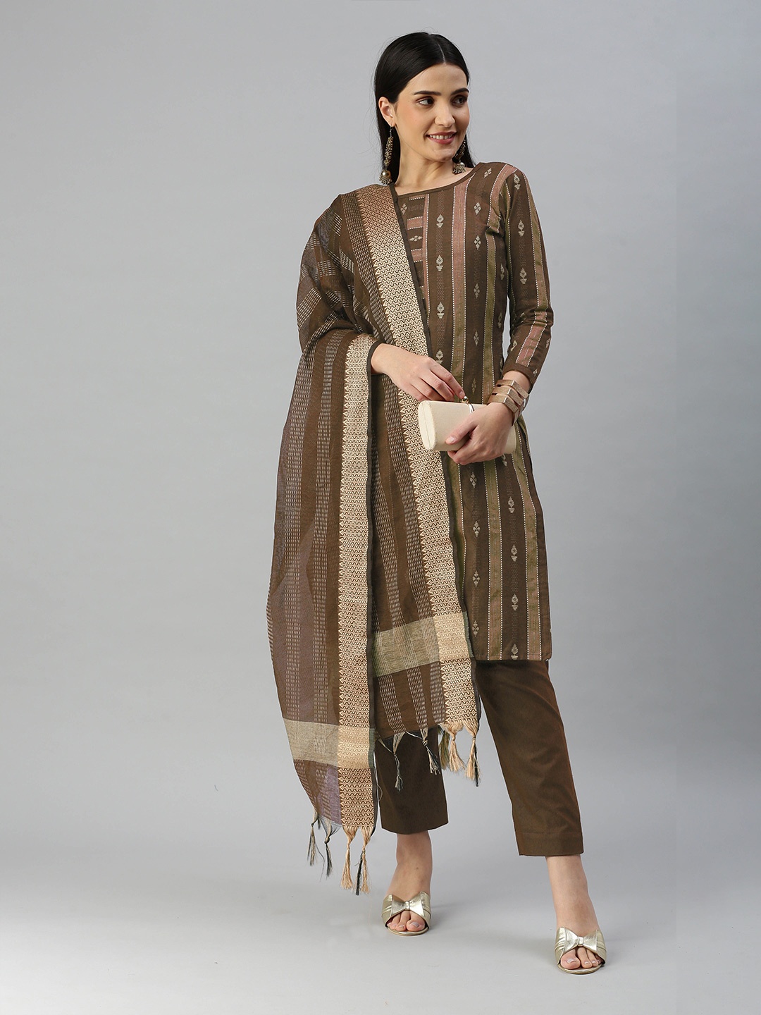

KALINI Woven Design Unstitched Dress Material, Brown