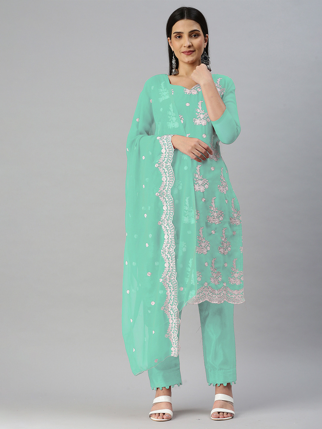 

KALINI Embroidered Silk Georgette Unstitched Dress Material, Sea green