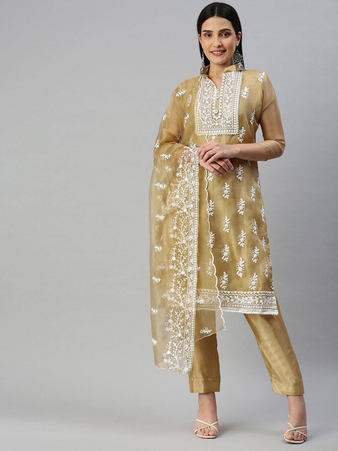

KALINI Embroidered Organza Unstitched Dress Material, Beige