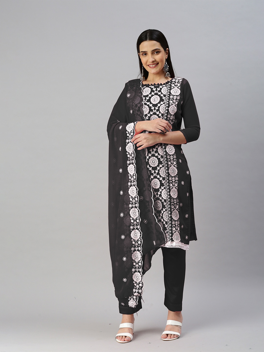 

KALINI Embroidered Silk Georgette Unstitched Dress Material, Black