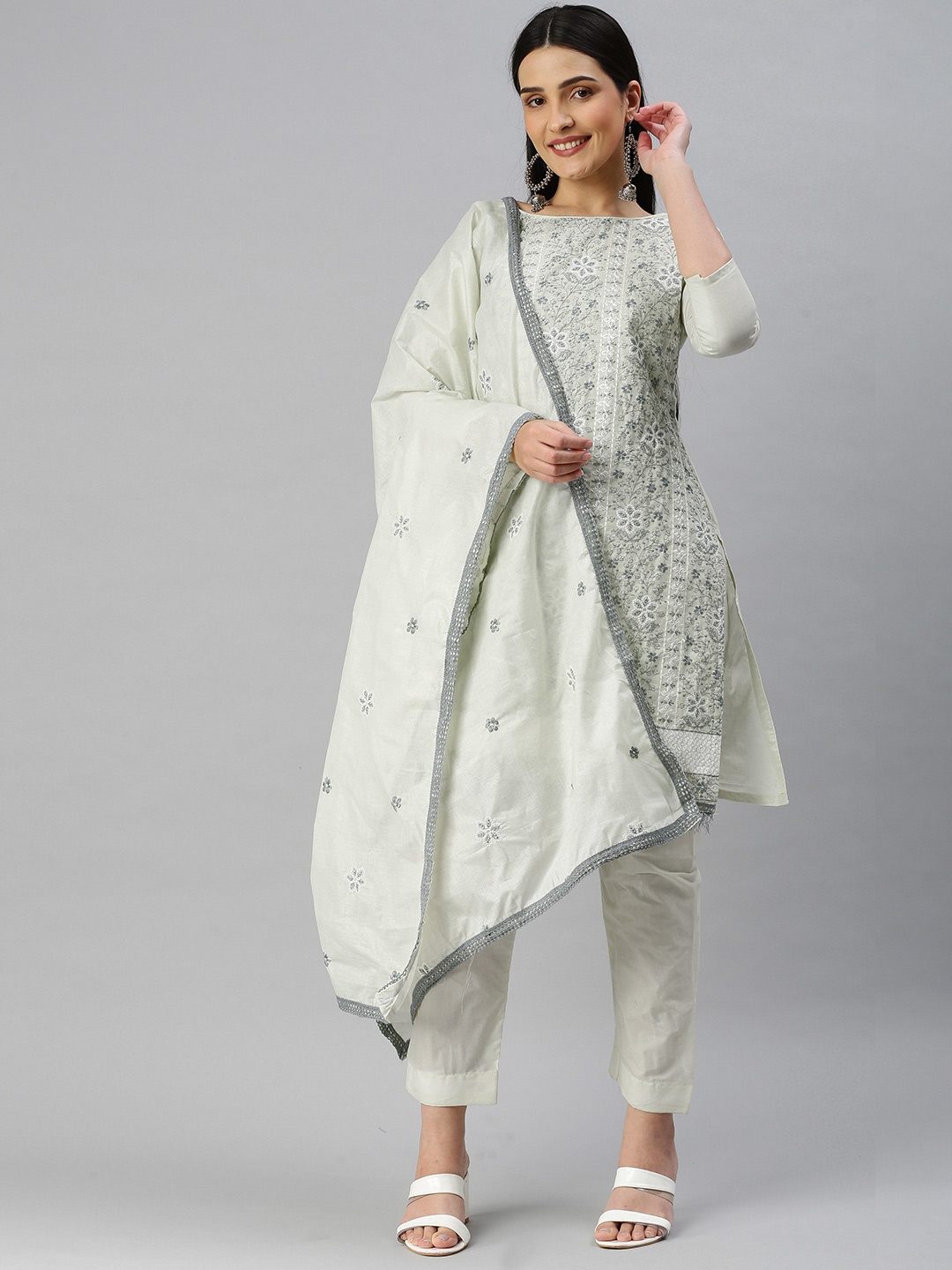 

KALINI Embroidered Pure Cotton Unstitched Dress Material, Grey