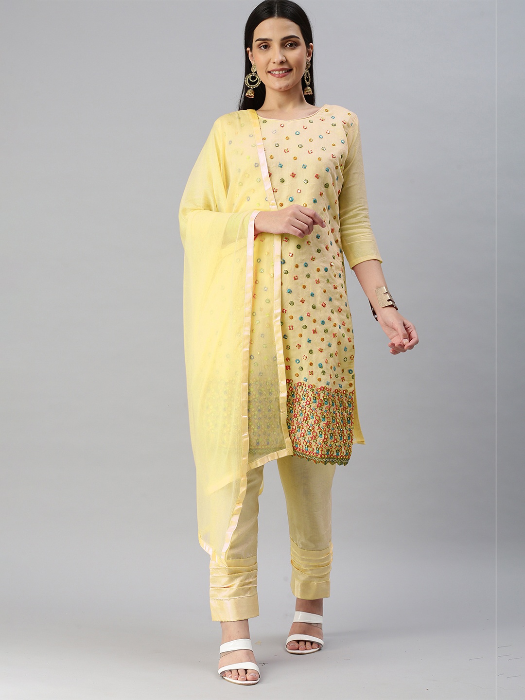 

KALINI Embroidered Unstitched Dress Material, Yellow