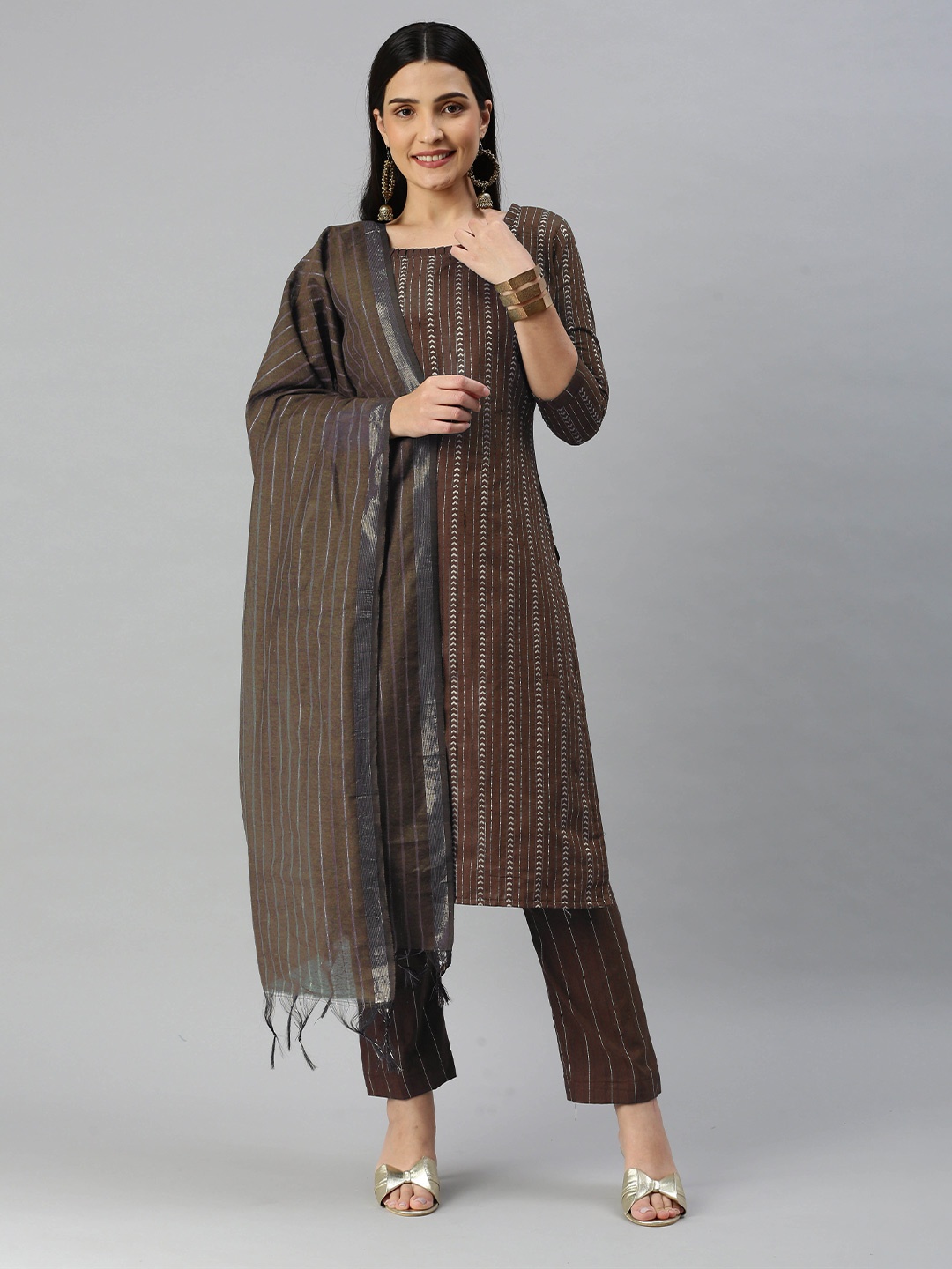 

KALINI Woven Design Unstitched Dress Material, Brown