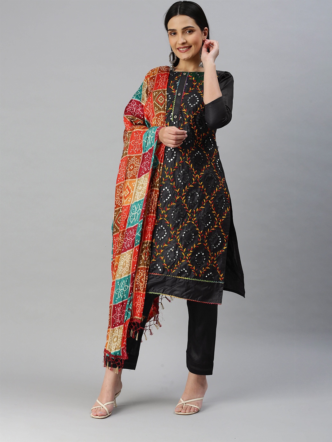 

KALINI Embroidered Mirror Work Pure Cotton Unstitched Dress Material, Black