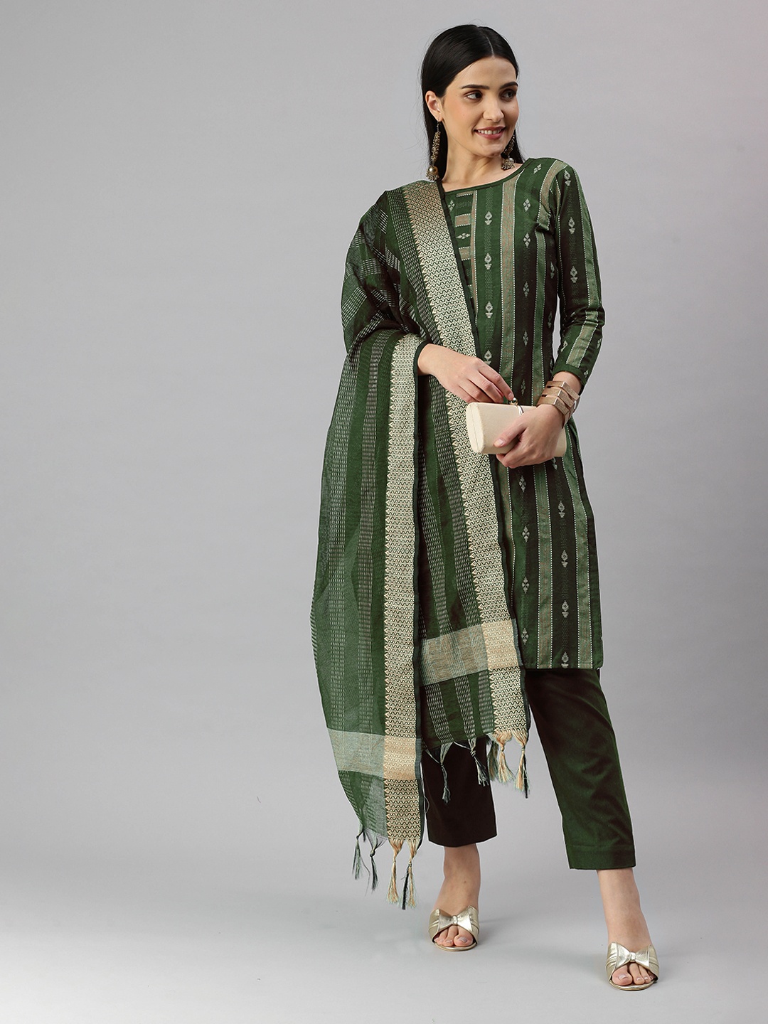 

KALINI Ethnic Motifs Woven Design Unstitched Dress Material, Green